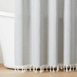 Ticking Stripe Woven Shower Curtain Gray/Cream - Hearth & Handâ„¢ With Magnolia