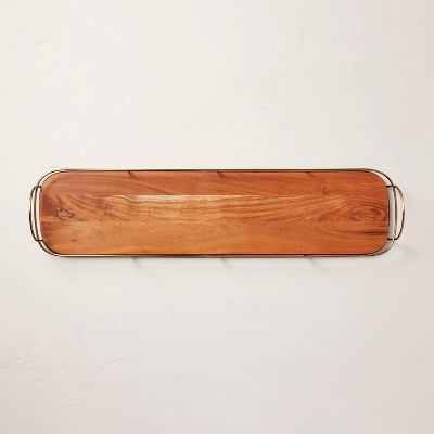 32" Wooden Decorative Tray With Metal Trim Brown/Brass - Hearth & Hand™ With Magnolia 2 32" Wooden Decorative Tray With Metal Trim Brown/Brass - Hearth & Hand™ With Magnolia - Image 2