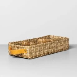 3 Compartment Woven Tank Tray With Leather Handles Beige - Hearth & Handâ„¢ With Magnolia