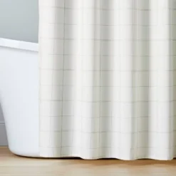 Stitched Grid Lines Woven Shower Curtain Cream/Taupe - Hearth & Handâ„¢ With Magnolia